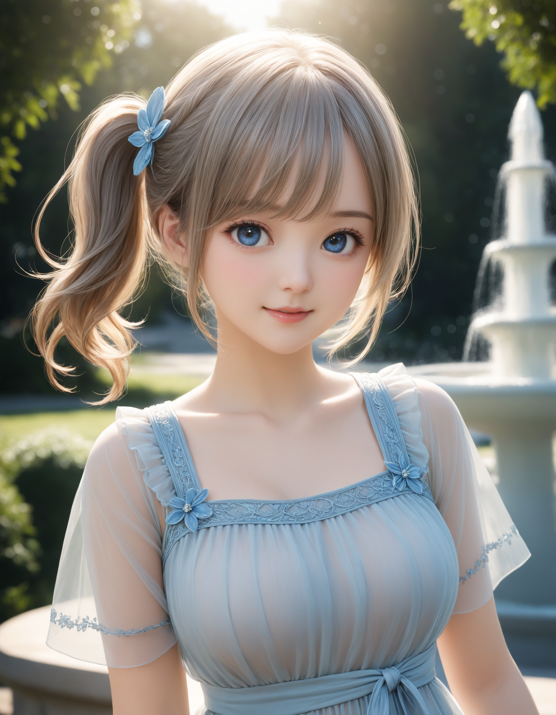 SceneDescription:
  - Composition: Depth of field. (Shooting from below:1.2).
  - Subject: A cute girl.
    - Characteristics:
      - Face: (Round face:1.4).
      - Eyes: Detailed dark-blue eyes.
      - Hair: Medium wavy hair, (side ponytail:1.1), big ribbon hair ornament, (gray hair), (gray inner hair) and asymmetrical bangs.
      - Body: Detailed body. Large breasts.
      - Clothing: White sheer dress and short sleeves.
      - Expression: Amused expression. Open mouth.
      - Posing: Dynamic pose. Looking at viewer.
  - Background: Fashionable water fountain park.
    - Elements: Lush greenery. Blue sky. Lens flare.
Season: Summer.
Time: (Daytime:1.2).
Lighting: (Sunbeam:1.4).
ArtStyle: Photorealistic. Cute style.
Quality: Intricate details. Extremely detailed. Outstanding intricacies. (Masterpiece:1.2). (Best quality:1.2). (Absurdres absolutely resolution:1.4).
Mood: Serene atmosphere.
<lora:flat_sdxl:-0.2>