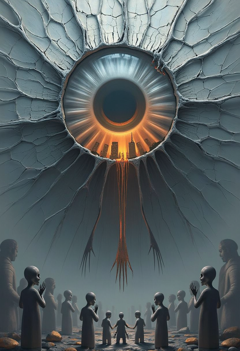 intricate yfg-patt3rn of, A massive humanoid eye with cracked, porcelain-like skin, suspended in a fog-drenched void. Veins extend from its sclera like twisted tree roots, intertwining with skeletal hands reaching from the darkness. Tiny, shadowy figures with featureless faces worship it below, their elongated limbs bending unnaturally. The iris reflects a burning city, but the flames drip upward like melting wax. The air is thick with floating, disembodied mouths whispering unreadable secrets.