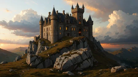 A dilapidated castle atop a craggy hill, its turrets and towers silhouetted against the backdrop of a vivid sunset, great lighting, Storm Lighting,, ambient occlusion, 3d model render, gemstone texture with complementary colors, artstation trending, ultra minimalist, plaid shirt, grungy, nightmare fuel  <lora:great_lighting:0.8>  <lora:EnvyFeverDreamXL01a:0.7>   <lora:The_Classic:0.8>