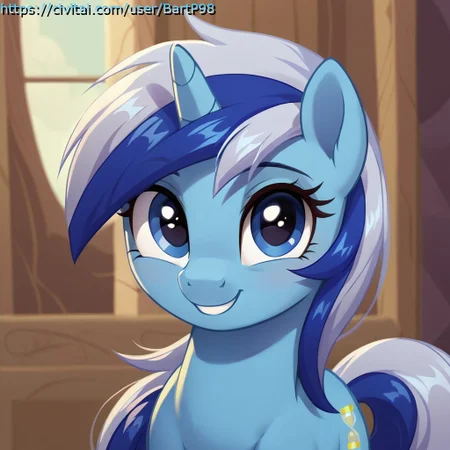 score_9, score_8_up, score_7_up, score_6_up, score_5_up, score_4_up, my little pony, ((feral pony)), minuette, blue fur, blue eyes, two-toned hair, unicorn, 1girl, ((solo)), (sexy), beautiful, detailed, (detailed cute pony face), detailed eyes, detailed fur, detailed hooves, beautiful, vector, vibrant colors, (abstract background), (looking at you, looking at viewer), smile, happy, cute, ((close-up)), (face focus), upper view