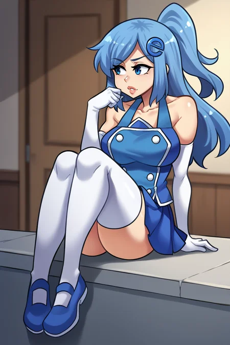 score_9, score_8_up, score_7_up, BREAK,  <lora:demondeals-guy-PONYv1:1>, 1girl, solo, breasts, lips <lora:edgSexplorerPonyv1:0.95> edgSexplorer, hair ornament, white elbow gloves, breasts, bare shoulders, collarbone, side ponytail, pleated skirt, shoes, white thighhighs, blue skirt, zettai ryouiki, sitting,