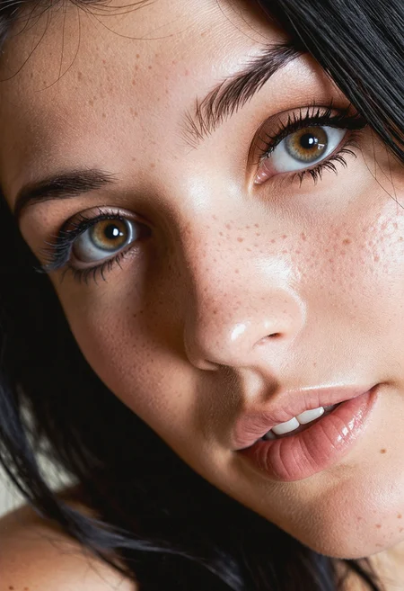 woman, 1girl, solo, black hair, amateur closeup portrait, skin fuzz