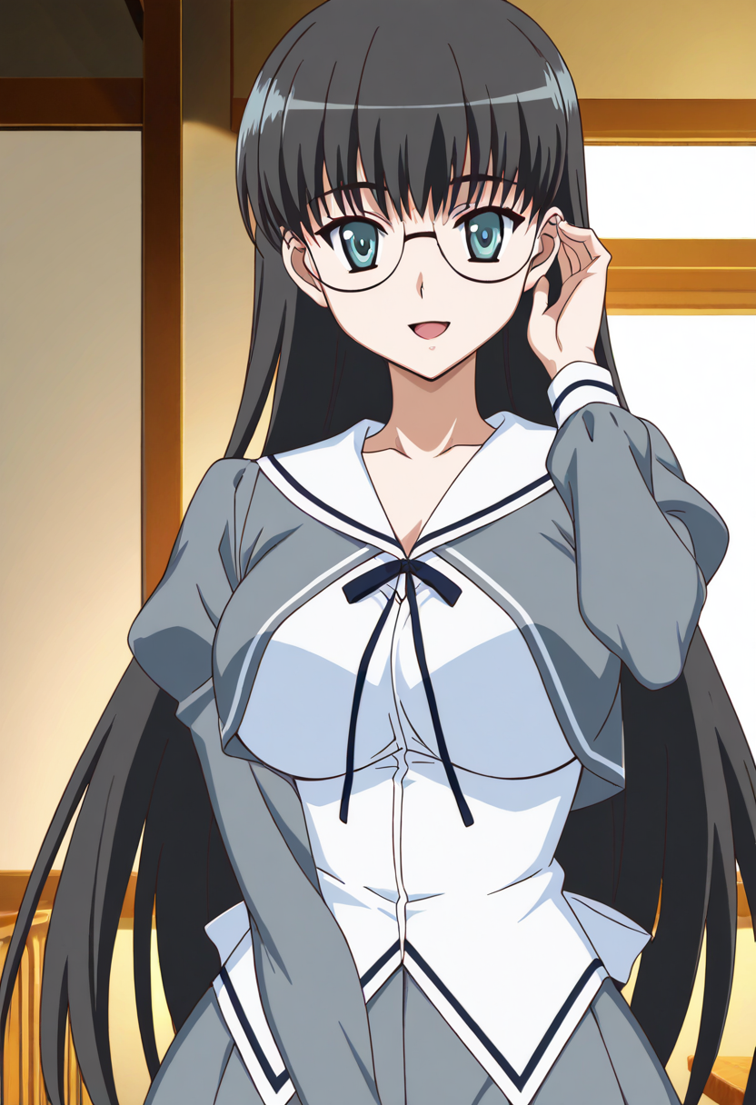 masterpiece, best quality,   1girl, solo, long hair, breasts, looking at viewer, smile, open mouth, blue eyes, large breasts, black hair, long sleeves, very long hair, school uniform, green eyes, glasses, indoors, classroom anime screenshot, ,    <lora:AkiSoraYumenoNaka_IXL:1.0>,