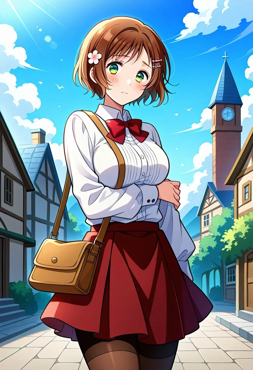 general,highres, ultra-detailed,very aesthetic,best quality ,best hands,
1girl, solo, lisahetalia, short hair, brown hair, hair flower, green eyes, hair between eyes, hair ornament, medium breasts, blush, hairclip, collared shirt, white shirt, long sleeves, dress shirt, bangs, red bowtie, arm under breast, shoulder bag, cloud sky, portrait, standing, red skirt, brown thighhighs, pantyhose, looking at viewer, outside, village, church, cloud sky,