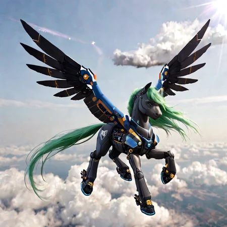 Majestic pegasus with cybernetic wings flying over a starship docking station"
A futuristic take on the classic winged horse, with mechanical enhancements soaring gracefully over a high-tech spaceport.