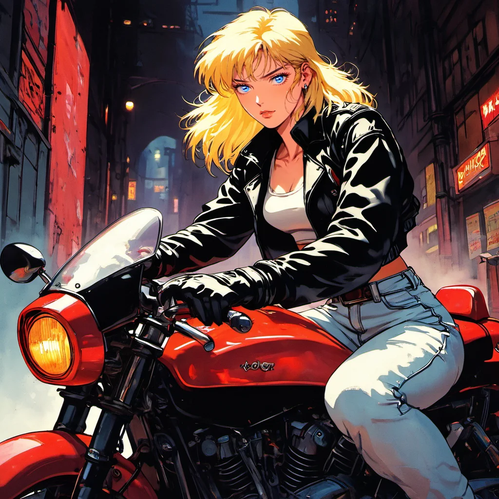 retr0me, anime, full body shot, portrait of a woman, blonde hair, short hair, stylish motorcycle jacket, standing beside 1 1980s sportbike, looking at viewer, motorcycle angled slightly towards the viewer, half fairing, dual headlights, bold graphics, masterpiece, best quality, highres, detailed motorcycle, sharp focus