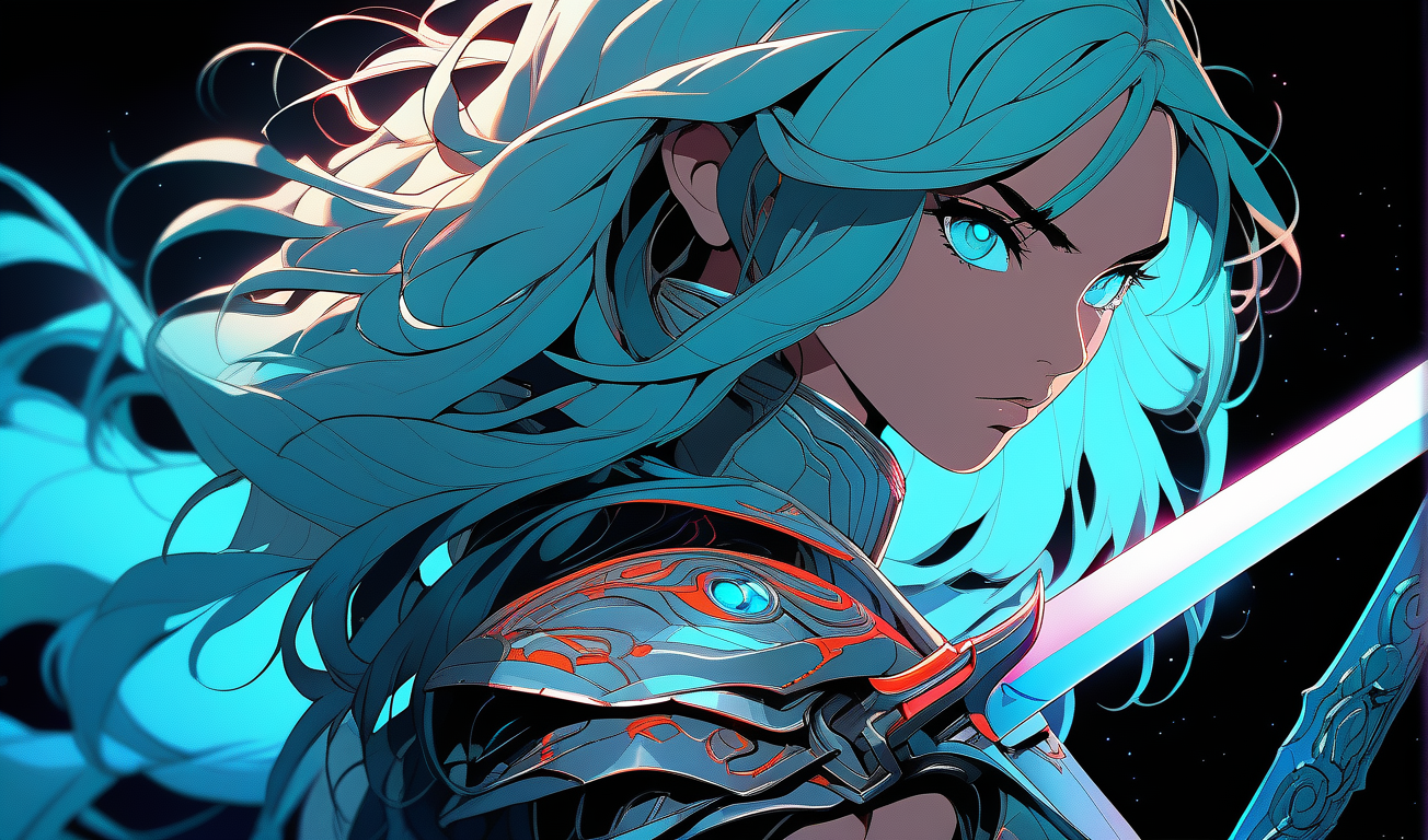 sword focus, masterpiece, best quality, 1girl, solo, futuristic, intricate sword, looking at viewer, black background, simple background, glow in the dark, sci-fi, multicolored hair, aqua eyes, warrior