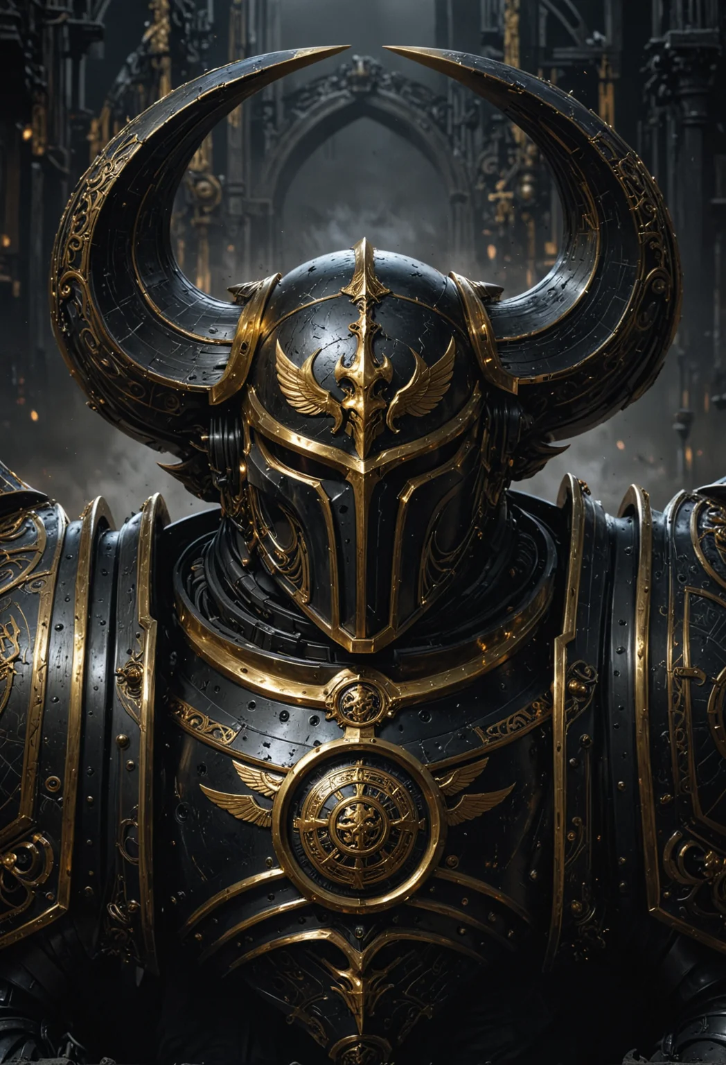 A foreboding armored figure with glossy black carapace-like plates accented with elegant gold trims dominates the composition, its helmet boasts a striking gold-adorned circular crest, with two prominent thick horns, and intricate symbols are etched in a halo-like formation above the crest, all set against a backdrop of dark towering structures, <lora:EpicF4nta5yXL:0.5>, <lora:SDXLFaeTastic2400:0.3>, <lora:zavy-cntrst-sdxl:0.3>