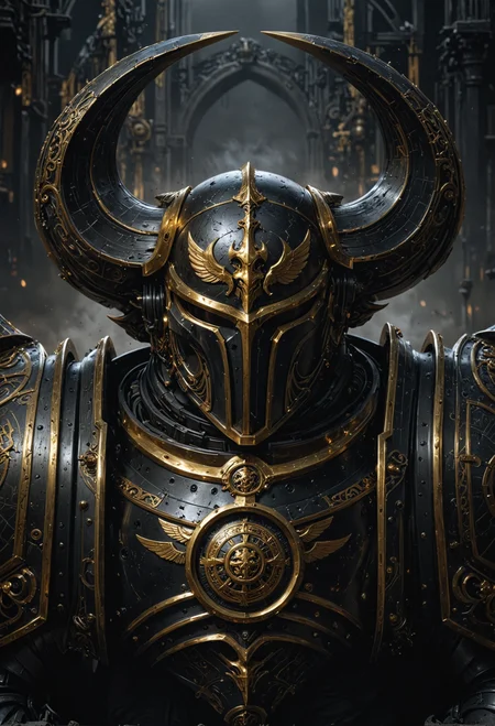 A foreboding armored figure with glossy black carapace-like plates accented with elegant gold trims dominates the composition, its helmet boasts a striking gold-adorned circular crest, with two prominent thick horns, and intricate symbols are etched in a halo-like formation above the crest, all set against a backdrop of dark towering structures, <lora:EpicF4nta5yXL:0.5>, <lora:SDXLFaeTastic2400:0.3>, <lora:zavy-cntrst-sdxl:0.3>