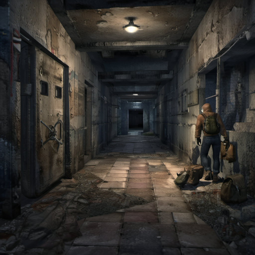 <lora:lora:1> door,  scenery, alley, tiles, indoors, light, hallway, tile floor, outdoors, 1boy, male focus, jacket, pants, denim, full body, standing, boots, blonde hair, brown jacket, bag, backpack, gas mask, jeans, gas mask, detail, realistic   <lora:Postapocalyptic_by_Styx_SDXL:0.8>