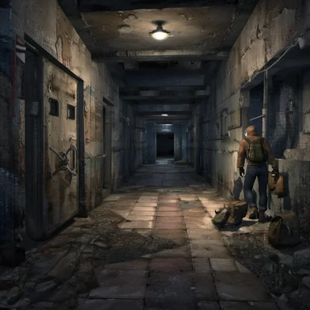<lora:lora:1> door,  scenery, alley, tiles, indoors, light, hallway, tile floor, outdoors, 1boy, male focus, jacket, pants, denim, full body, standing, boots, blonde hair, brown jacket, bag, backpack, gas mask, jeans, gas mask, detail, realistic   <lora:Postapocalyptic_by_Styx_SDXL:0.8>