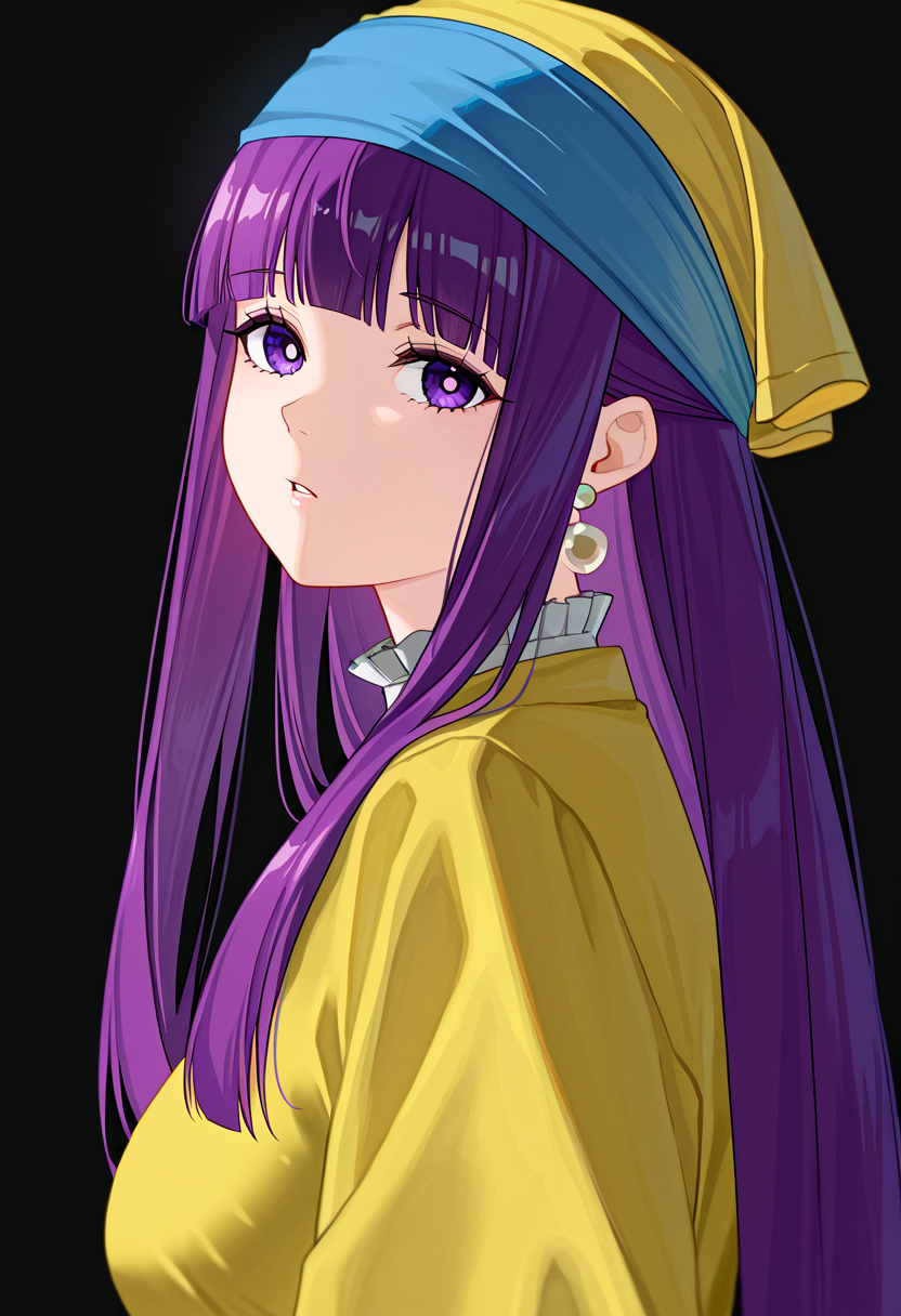 masterpiece, high quality, absurdres, gwape, 1girl, fern \(sousou no frieren\), alternate costume, black background, earrings, jewelry, looking at viewer, parted lips, pearl earrings, single earring, sphere earrings, simple background, blue headband, yellow head scarf, <lora:Girl_with_a_pearl_earing:1>
