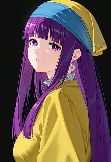 masterpiece, high quality, absurdres, gwape, 1girl, fern \(sousou no frieren\), alternate costume, black background, earrings, jewelry, looking at viewer, parted lips, pearl earrings, single earring, sphere earrings, simple background, blue headband, yellow head scarf, <lora:Girl_with_a_pearl_earing:1>