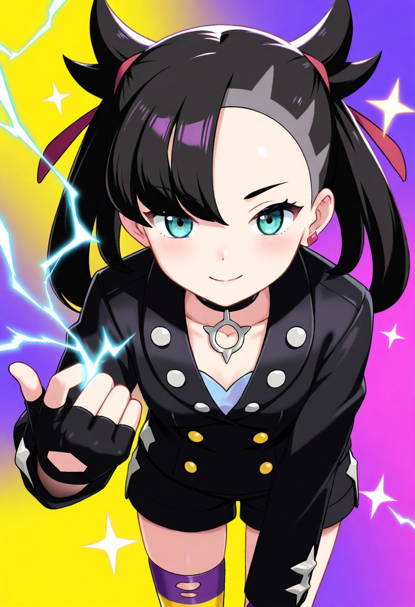 2d, masterpiece, best quality, amazing quality, 1girl, solo, close-up, standing, smile, upper body, leaning_forward, looking at viewer, multicolored background, sparkle, gradient background, colorful background, purple background, yellow background, electricity, sparkle, marnie \(pokemon\), black hair, asymmetrical bangs, choker, collared jacket, long sleeves, yellow buttons, blue shirt, black shorts, fingerless gloves, black gloves, single thighhigh, torn thighhigs, striped thighhighs, purple socks, yellow socks, black jacket