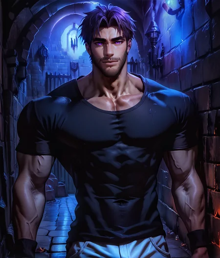 score_9, score_8_up, realistic, rating_questionable, bif,
<lora:æ¸ç©-000009:.67>, TOGARI, 1boy, male focus, solo, shirt, black shirt, facial hair, looking at viewer, purple eyes,
cowboy shot, dungeon brick wall, glossy skin, 1 muscular male in the dungeon, dark dungeon, darkness, a background of dark dungeon, handsome, short hair, detailed background, black dungeon background,
<lora:egg_leonard-04:.4><lora:style_Concept Art DarkSide Style LoRA_Pony XL v6:1><lora:slider_skin tone slider_last:2><lora:style_Low-Key Lighting Style - pony:.4>, DARK, DARK BACKGROUND, LOW-KEY LIGHTING,<lora:slider_ponyxl_not_simple_background:1>,<lora:slider_Body Type_alpha1.0_rank4_noxattn_last:1><lora:addon_bobthetanuki:1>, bobthetanuki <lora:addon_FoxAI_HAIRY_BOYS-000001:1><lora:slider_cfg_scale_boost:1>