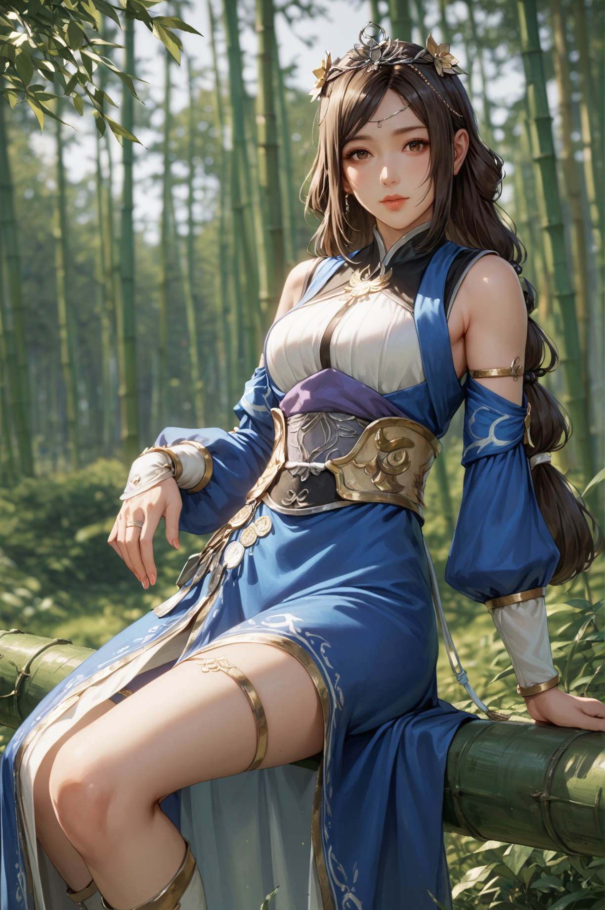 score_9, score_8_up, score_7_up, 1girl, solo, looking at viewer, cowboy shot, Sitting with one leg folded, <lora:Cai_Wenji_Dynasty_Warriors:0.8> long hair, brown hair, brown eyes, jewelry, hair ornament, tiara, dress, detached sleeves, nature, bamboo, blurry, depth of field