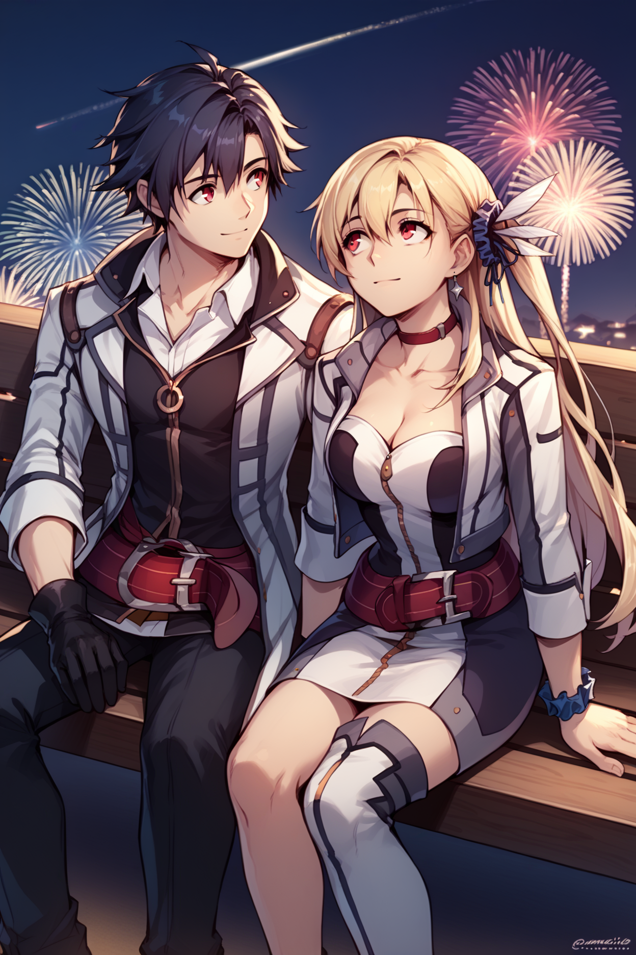 score_9, score_8_up, score_7_up, score_6_up, source_anime, man and woman sitting next to each other, looking up, night sky, fireworks, stargazing, bench, night BREAK 1boy, <lora:rean-pdxl-nvwls-v1:1> sen3rean, black hair, white coat, black shirt, black gloves, thigh strap, red belt, black pants, sitting, looking up, happy, smile BREAK 1girl  <lora:alisareinford-pdxl-nvwls-v1-000006:1> sen3alisa, blonde hair, side ponytail, scrunchie, choker, white jacket, white dress, red belt, thigh boots, large breasts, happy, looking up, sitting
