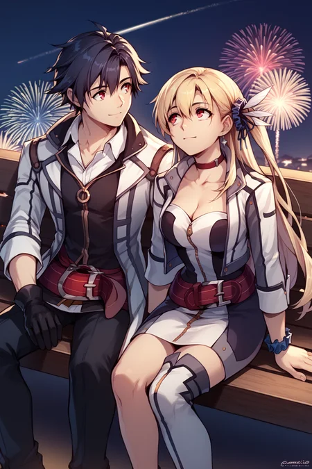 score_9, score_8_up, score_7_up, score_6_up, source_anime, man and woman sitting next to each other, looking up, night sky, fireworks, stargazing, bench, night BREAK 1boy, <lora:rean-pdxl-nvwls-v1:1> sen3rean, black hair, white coat, black shirt, black gloves, thigh strap, red belt, black pants, sitting, looking up, happy, smile BREAK 1girl  <lora:alisareinford-pdxl-nvwls-v1-000006:1> sen3alisa, blonde hair, side ponytail, scrunchie, choker, white jacket, white dress, red belt, thigh boots, large breasts, happy, looking up, sitting