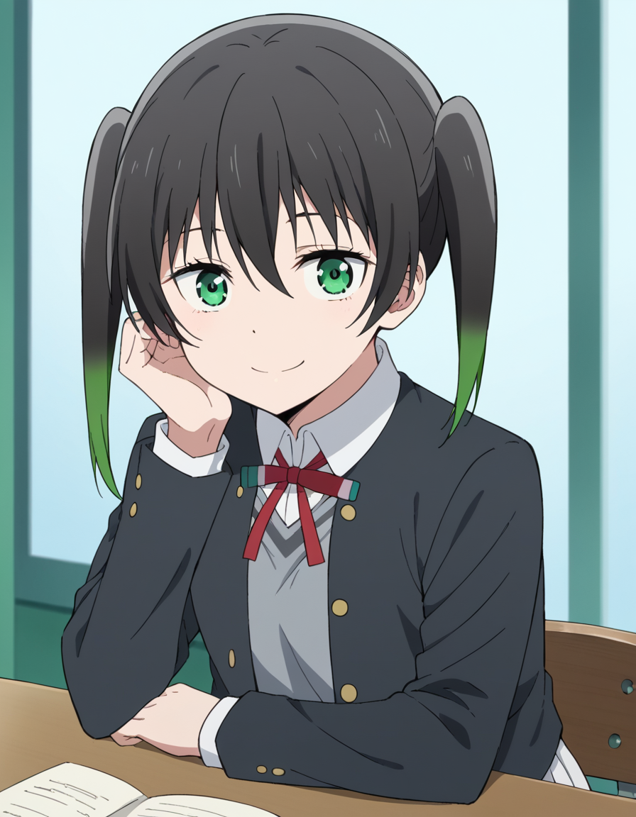 score_9, score_8_up, score_7_up, source_anime, <lora:yuu-takasaki-s2-ponyxl-lora-nochekaiser:1>, yuu takasaki, bangs, black hair, hair between eyes, twintails, green eyes, multicolored hair, green hair, medium hair, two-tone hair, gradient hair,, skirt, long sleeves, school uniform, jacket, red ribbon, black jacket, blazer, nijigasaki academy school uniform, white skirt,, indoors, smile, looking at viewer, solo, sitting, head rest, table,, cowboy shot, dutch angle