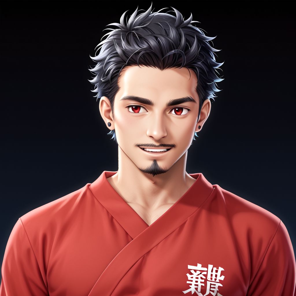 1man, skin tanned, black shoulder-length shaggy hair,  red eyes, flirtatious smile, thin eyebrows, ear piercing, small goatee, wearing black and red Japanese tunic with scarlet edges, alone, looking forward, athletic body, masculino, bara.