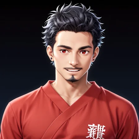 1man, skin tanned, black shoulder-length shaggy hair, red eyes, flirtatious smile, thin eyebrows, ear piercing, small goatee, wearing black and red Japanese tunic with scarlet edges, alone, looking forward, athletic body, masculino, bara.
