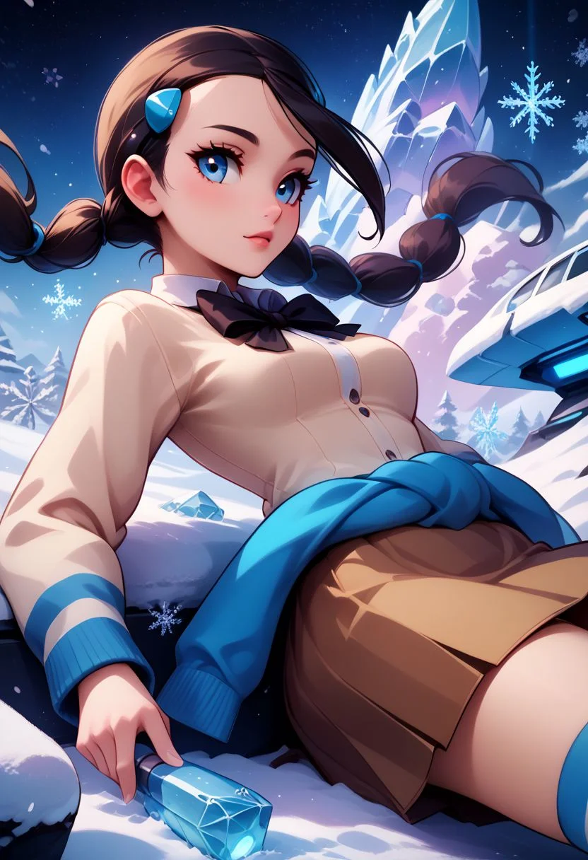 score_9, score_8_up, score_8, medium breasts, (curvy), cute, eyelashes, rating_safe,
BREAK,
zzCandice, hair ornament, twintails, hairclip, striped socks, bowtie, sweater around waist, brown skirt,
BREAK,
snow, ice, snowflakes,
dynamic angle, stars, floating, colorful, pink, blue eyes, black bow, from side, on back, spaceship, technological,
zPDXL,