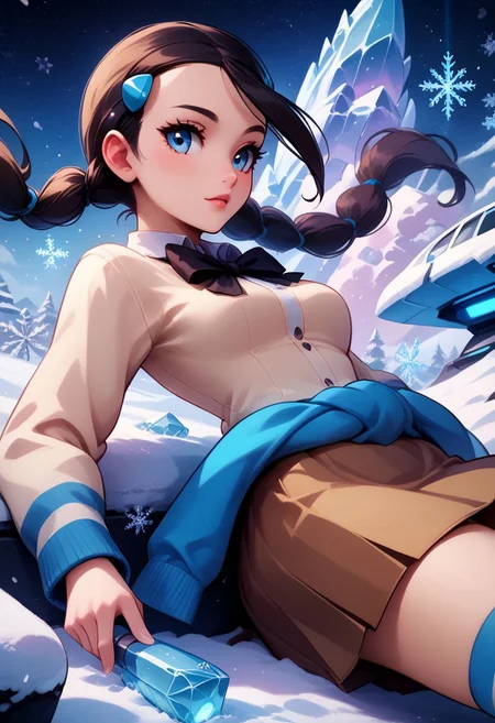 score_9, score_8_up, score_8, medium breasts, (curvy), cute, eyelashes,  rating_safe,
BREAK, 
zzCandice,  hair ornament, twintails,  hairclip, striped socks, bowtie,  sweater around waist, brown skirt,
BREAK, 
snow, ice, snowflakes, 
dynamic angle, stars, floating, colorful, pink, blue eyes, black bow, from side, on back, spaceship, technological,
zPDXL,