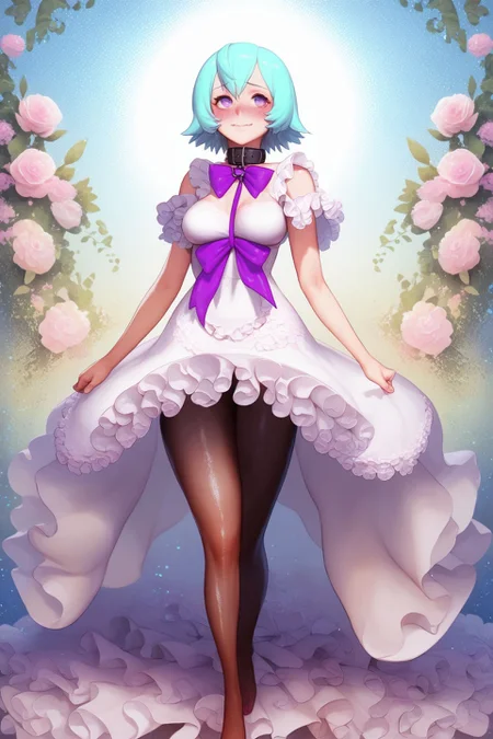 score_9, score_8_up, score_7_up, 1girl, walking, looking up, embarrassed nose blush smile, aqua hair, side-swept_fringe, very_short_hair, light_purple eyes, large breasts, textured skin, taut dress, sheer, lace, frills, ribbon, collar, control-top pantyhose, Pompon_Chrysanthemum \(flower\), floral background, hands_behind_head, halftone background, glitter particles <lora:destiny_c_PonyXL_style_v02.07.01.10.05:1>