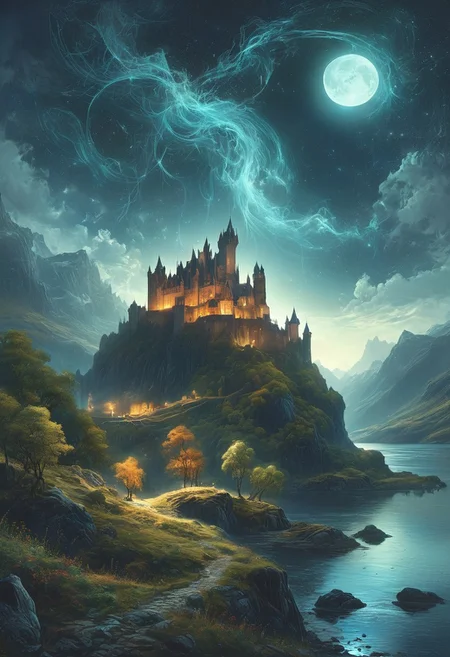 (by Ellen Jewett:1.5), (Bioluminescent Impressionism,) A captivating night scene illustration featuring a beautiful castle on a large hill overlooking a lake in the highlands of Scotland. The castle is ancient but well maintained and updated and comfortable to live in. This enchanting artwork captures a serene and peaceful night, where the moon is just starting to rise over the beautiful highlands and castle which stands resolute amidst highlands, creating a cinematic experience., illustration, cinematic
<lora:DonM3t3rn1tyXL-v1.1:0.7>, DonM3t3rn1tyXL,
OverallDetailXL <lora:MJ52:0.3> <lora:SDXLFaeTastic2400:0.4> <lora:EpicF4nta5yXL:0.7><lora:add-detail-xl:1> <lora:RMSDXL_Creative:2>*Channel_42* ral-wlfnte, PEAnimeBG, scenery, GhostlyStyle