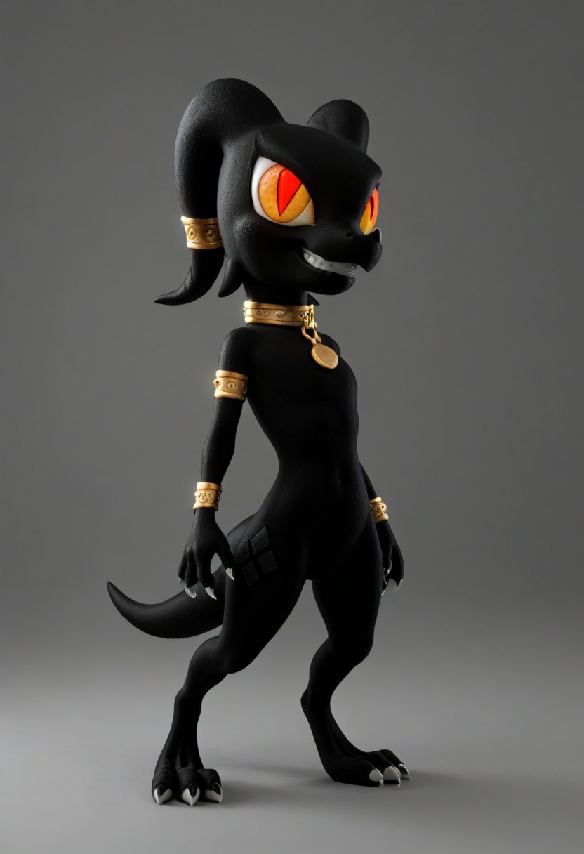 score_9, score_8_up, source_cartoon, realistic, toony, 1boy, wauzirex, furry, kobold, black body, yellow eyes, long ears, tail, gold jewelry, bracelet, arm band, collar, tail bracelet, grin, wide hips
