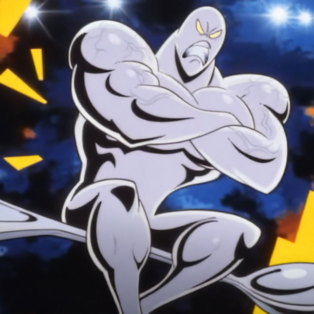 absurdres, masterpiece, 4k, cinematic lighting, dynamic pose, dynamic angle BREAK Silver Spooner, silver skin, yellow eyes, muscular male (large veiny muscles, large pectorals, broad shoulders), 1boy, solo, arms crossed, clenched teeth, angry, glare, looking to viewer, sitting BREAK space, on spoon