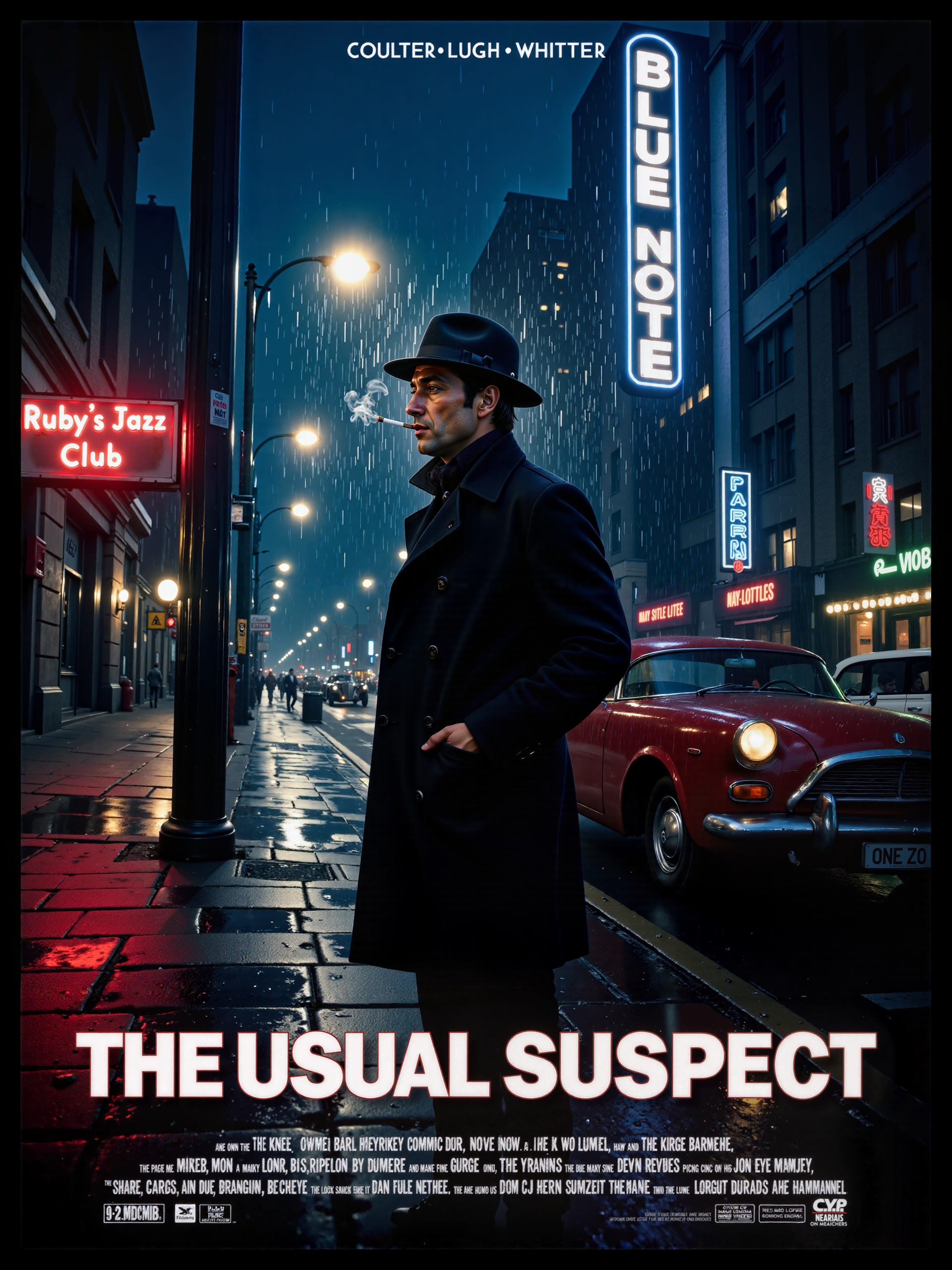 movie poster of a noir thriller set in 1940s chicago with the title text: "The Usual Suspect" positioned prominently in a typical noir movie font at the bottom with thin font movie credits below, cinematic realism, sharp focus, set on a rain-soaked urban street in the late 1940s at night, the scene is illuminated by a streetlamp, the wet pavement mirrors scattered lights from a nearby neon sign reading "Blue Note Bar" in bold blue and red, its glow distorted by the falling rain, in the background, the silhouettes of towering city buildings loom in the darkness, faint smoke spirals upwards from unseen chimneys, adding to the gritty ambiance, in the foreground, a lone detective stands, clad in a classic dark trench coat and fedora, water dripping from the brim of his hat, his shadow stretches long across the glistening pavement. a beautiful bordeaux red 1940s vintage car, its chrome bumper faintly glinting in the low light, is parked near the curb, the detective stands poised, one hand casually resting in his coat pocket, while the other holds a smoldering cigarette, its faint orange glow gleaming in the night, a thin trail of smoke curls and disappears into the damp air, the detective's expression alert and focused, his gaze locked on something just out of the viewer's sight. the detective is the focal point of this cinematic shot, while the richly detailed background provides depth and atmosphere, soft, diffused lighting highlights his features and silhouette, while subtle neon reflections in red and blue dance across the wet surfaces, raindrops are rendered in intricate detail, streaking through the lamplight. a masterful use of light and shadow is defining the noir aesthetic, emphasizing contrast and mystery, the rain and reflective surfaces add to the immersion. ultima cine, aidmatextimprover, <lora:ultima_cine-flux-by_sterlingangel:1.0> <lora:text_improver-v0.4-flux-by_aidma:0.68>