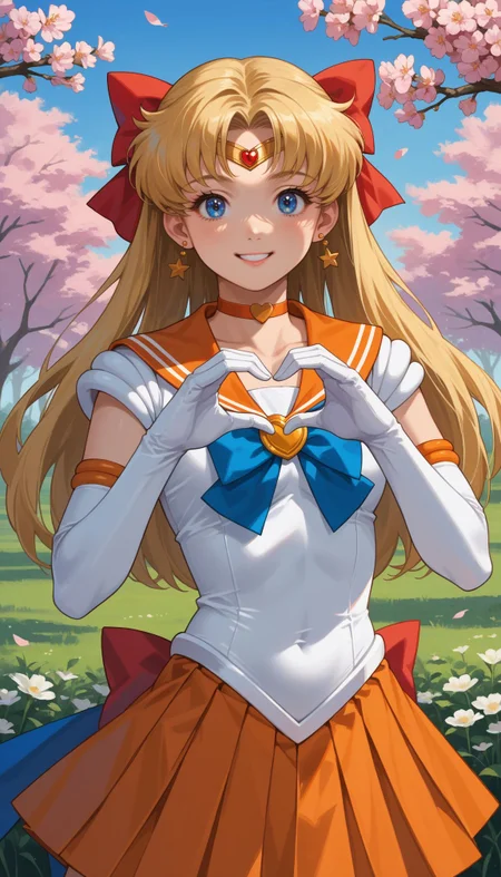 score_9, score_8_up, score_7_up, source_anime, ,outdoors,cherry blossoms,standing,cowboy shot,smile, flower field
<lora:Sailor Venus:> sailor venus, aino minako, blonde hair, red bow, blue eyes, jewelry, sailor senshi uniform, magical girl, elbow gloves, white gloves, orange sailor collar, orange skirt, orange choker, pleated skirt, blue bow, miniskirt, tiara, hair bow,
heart hands,