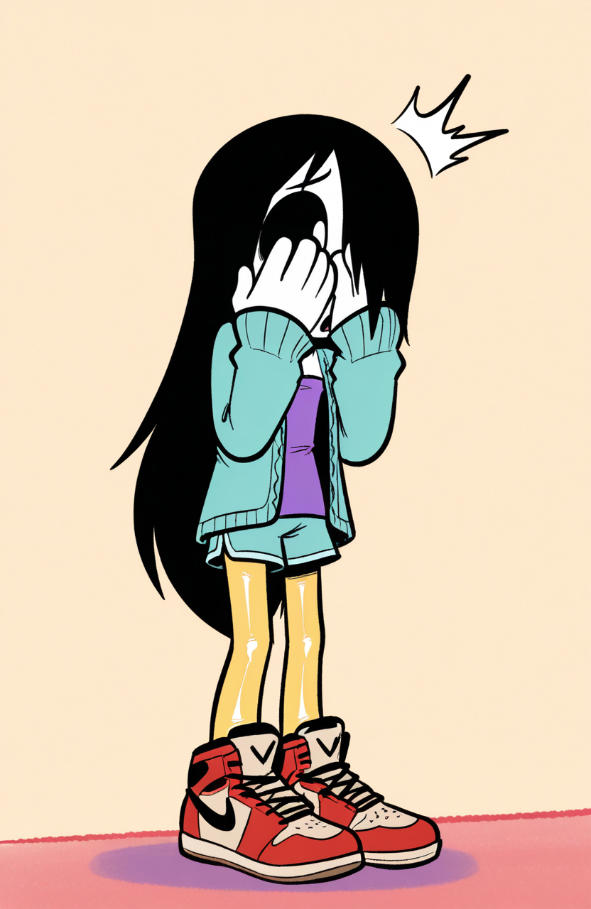 1girl, solo, latex, aqua open sweater, knit sweater, thumb hole sleeves, long sleeves, purple polo shirt, strapless dress, aqua dolphin shorts, yellow thighband pantyhose, brown air jordan, standing, hands covering face, bright eyes, surprised, quick reaction,
 <lora:qqLettuce:0.8> qqlttc, <lora:Erma:0.6> erma, child, hair over one eye, black sclera, white skin, pale skin, black hair , extremely detailed, highres, masterpiece, best quality