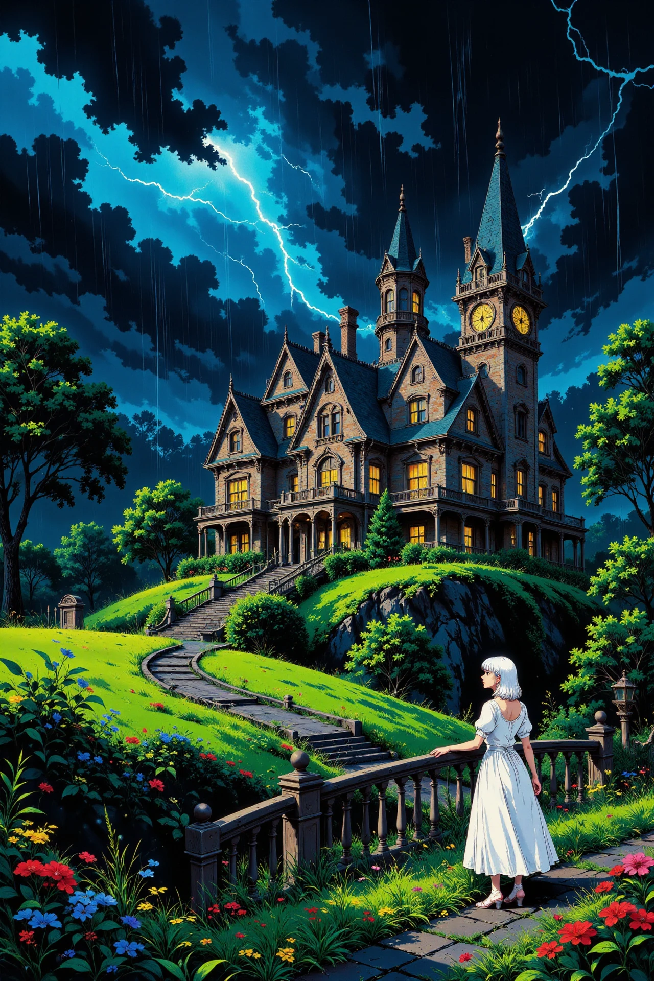 victorian mansion beautiful  landscape, rain and storm, woman, very intricate, very detailed, sharp, bright, colorful, <lora:Hand v2:0.5> <lora:Anti-Blur:1><lora:Insane Detail Slider:0.25>  <lora:flux.1_lora_flyway_Epic-detail_v2:0.3> <lora:fluxenhancer:0.25> <lora:ROWER:0.6> <lora:flux-charmer-v1-1:0.4><lora:Vibrantly_Sharp_style_v.5:0.4> <lora:The_Dark_Side_Of_The_Future:0.3> <lora:Anime_style:0.8> anime style