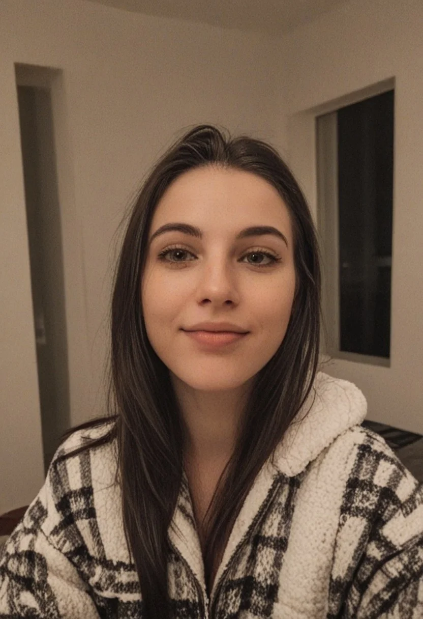 30yo woman wearing Plaid Polar Fleece Shacket with white textures
long black dark hair slick back and smooth. Kissface.
smile. Looking at camera. POV.
happy.
Living room. Fully furnished.
Night time.
Portrait.