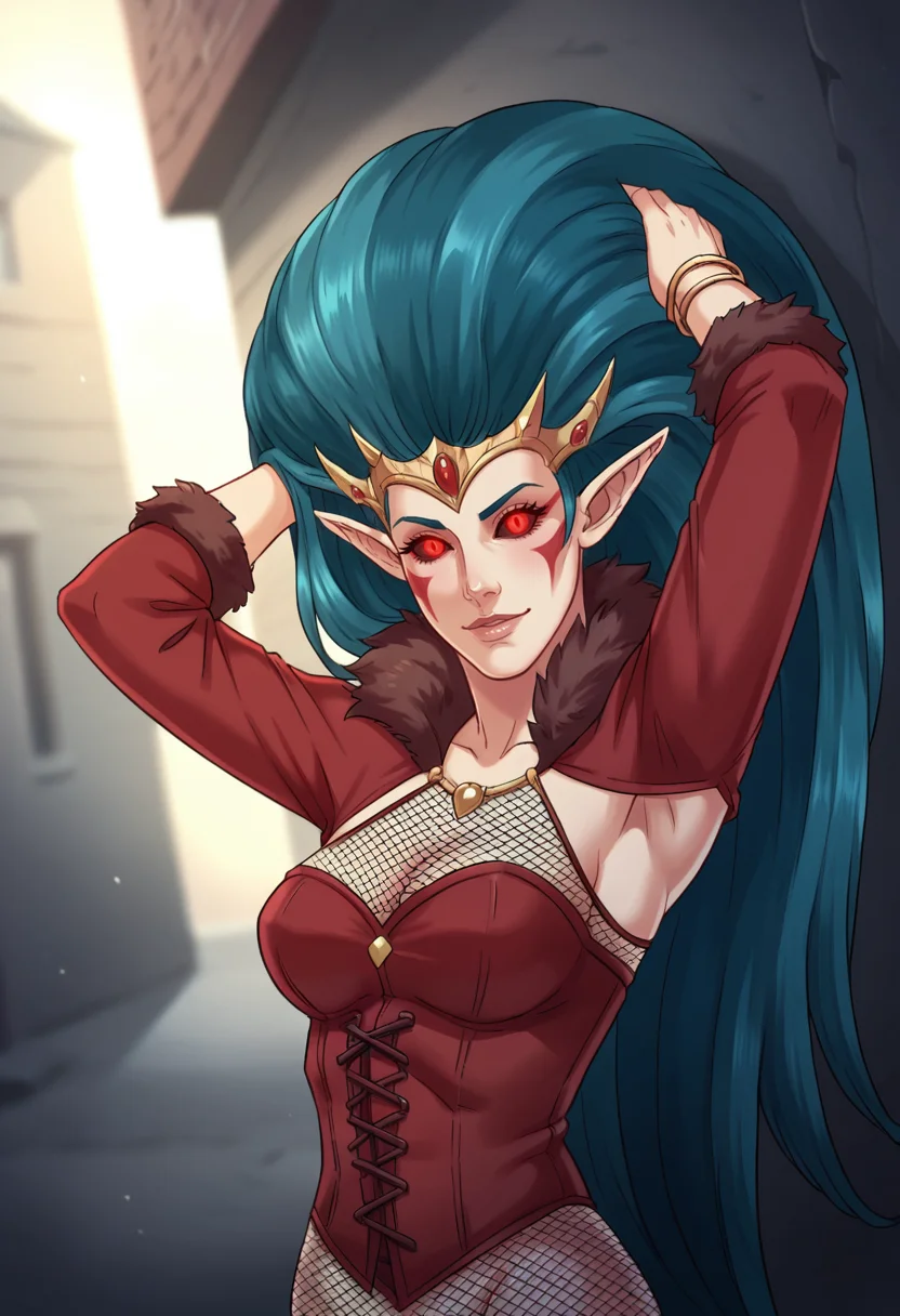 score_9,score_8_up,score_7_up, 1girl, solo, upper body closeup, dynamic angle, looking at viewer, light smile, hands in hair,
ss-h5SM1ss, pointy ears, no sclera, red eyes, blank eyes, glowing eyes, red facepaint, teal hair, very long hair, big hair, circlet, headwear, red sleeves, (neck fur trim), fishnets, bracelets, corset,
outdoors, godrays, dynamic lighting,
<lora:HoMM_V_-_Shadow_WitchMatriarchMistress_3_elf_girls_-_Heroes_of_Might_and_Magic_5:0.7>,   <lora:Eva_KissV2.5:0.9> eva_kiss,