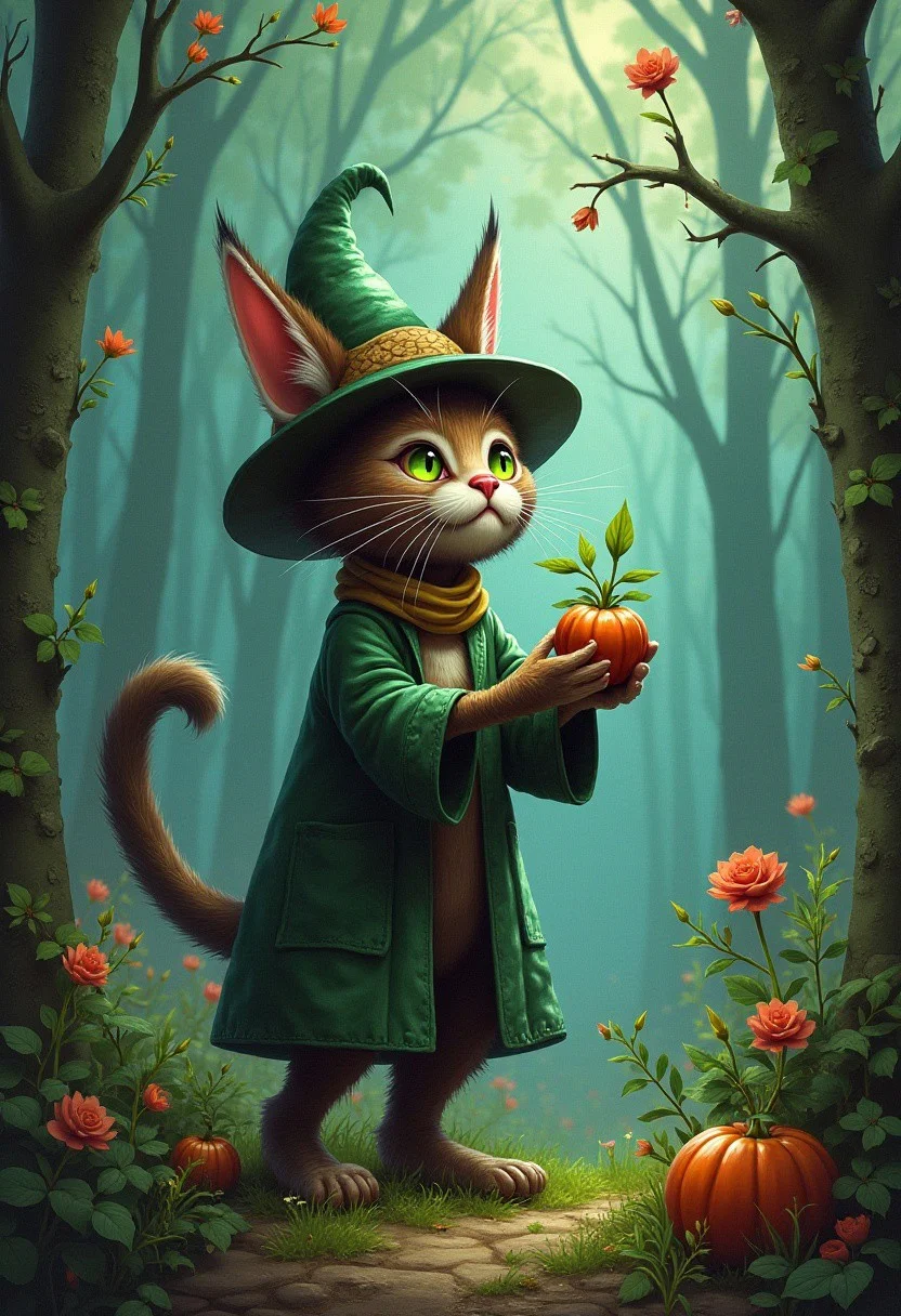 A whimsical painting of a catwitch collecting herbs in the forest, 3d, comic style, science fiction, cyberpunk