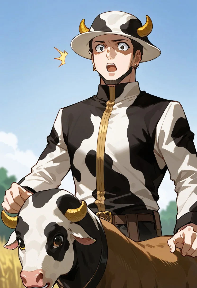 score_9, score_8_up, score_7_up, source_anime, rating_safe, MizaiHXH, black eyes, Mizai facial hair, gold earrings, 1boy, male focus, white-black Mizai hat, hat horns, cowboy clothes, open mouth, wide eyed, surprised, cow (animal), oversized cow head, hands with five fingers, blurry outdoors, sky, from below, Expressiveh