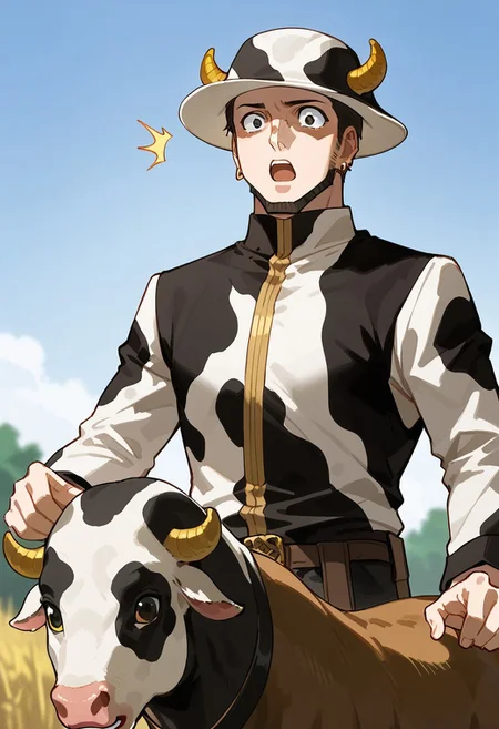 score_9, score_8_up, score_7_up, source_anime, rating_safe, MizaiHXH, black eyes, Mizai facial hair, gold earrings, 1boy, male focus, white-black Mizai hat, hat horns, cowboy clothes, open mouth, wide eyed, surprised, cow (animal), oversized cow head, hands with five fingers, blurry outdoors, sky, from below, Expressiveh