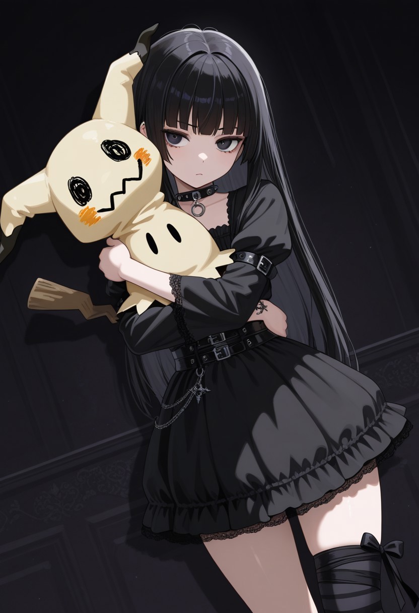 1girl, goth fashion, hugs mimikkyu, tied leg, goth background, masterpiece, best quality, dynamic angle,
