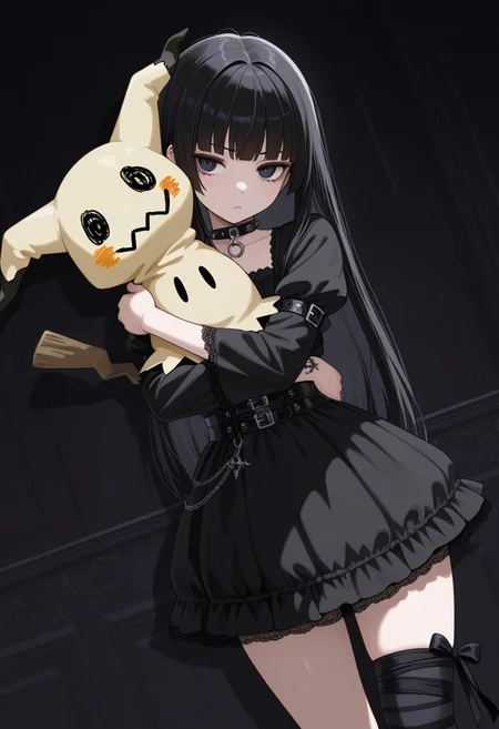 1girl, goth fashion, hugs mimikkyu, tied leg, goth background, masterpiece, best quality, dynamic angle,