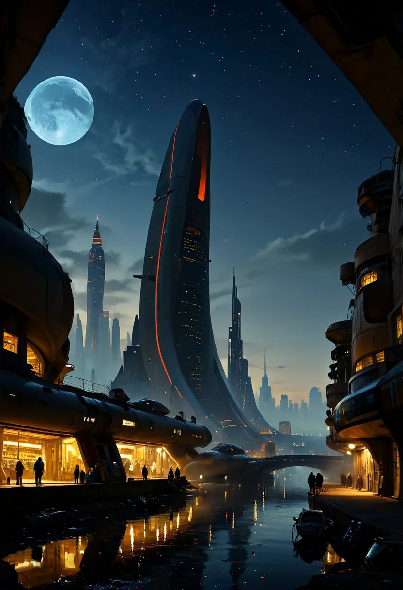ultra HD, high quality, 4K, score_9, score_8_up, score_7_up, (masterpiece), (best quality), (ultra-detailed), realistic, masterpiece oil painting, landscape of Colossal Futuristic Buildings, Incredibly huge futuristic buildings that can be seen from almost anywhere in the city, a large skyline, (at Night), Moebius art style