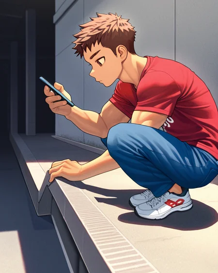 masterpiece, best quality, amazing quality, 1boy, solo, masterpiece, best quality, Brown Hair, Brown Eyes, red t-shirt, blue raglan sleeves, number 11 on shirt, blue pants, sneakers, squatting, on roof ledge, perching, smartphone, on phone, volumetric lighting, breeze style, muscular man,
<lora:Bree_Style_Hv1:0.6>