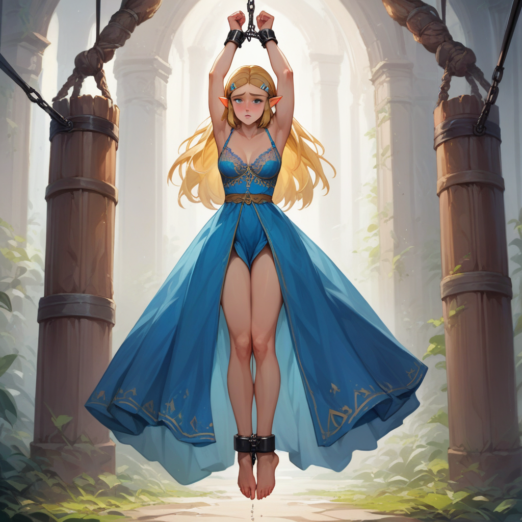 source_anime, colorful, score_9, score_8_up, score_8, (masterpiece), hanging_suspension, BREAK, 1girl, Princess Zelda, blue dress, breasts covered, lace bra, 1woman, bondage, bdsm, suspension, standing, arms_up, cuffs, bound_wrists, upright_restraints, tiptoes, feet_dangling