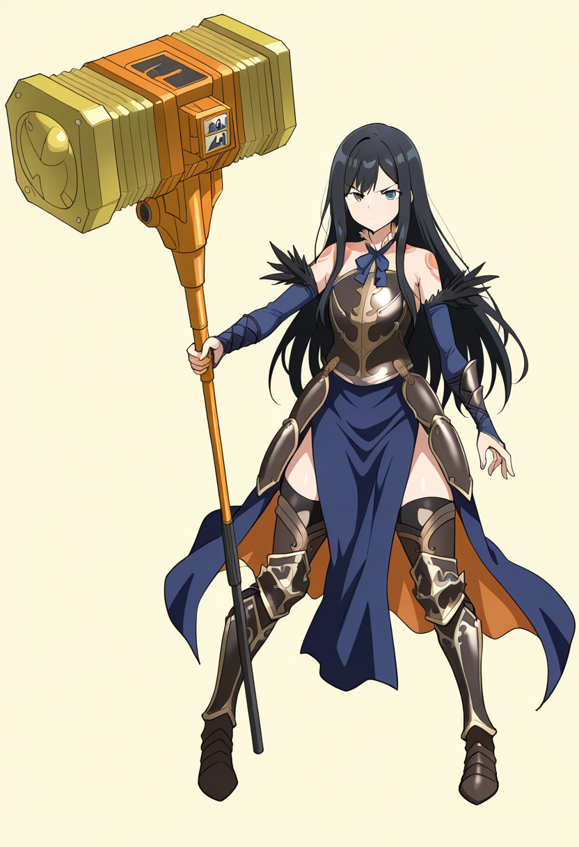 masterpiece,best quality,amazing quality,very aesthetic,absurdres,newest, gorudionhammer, hammer, holding hammer, huge weapon, yellow background, 1girl, solo,shanCV, long hair, black hair, blue eyes, blue dress, bare shoulders, tattoo, blue bowtie, armor, breastplate, bridal gauntlets, feather trim, black thighhighs, greaves, serious, standing, full body,