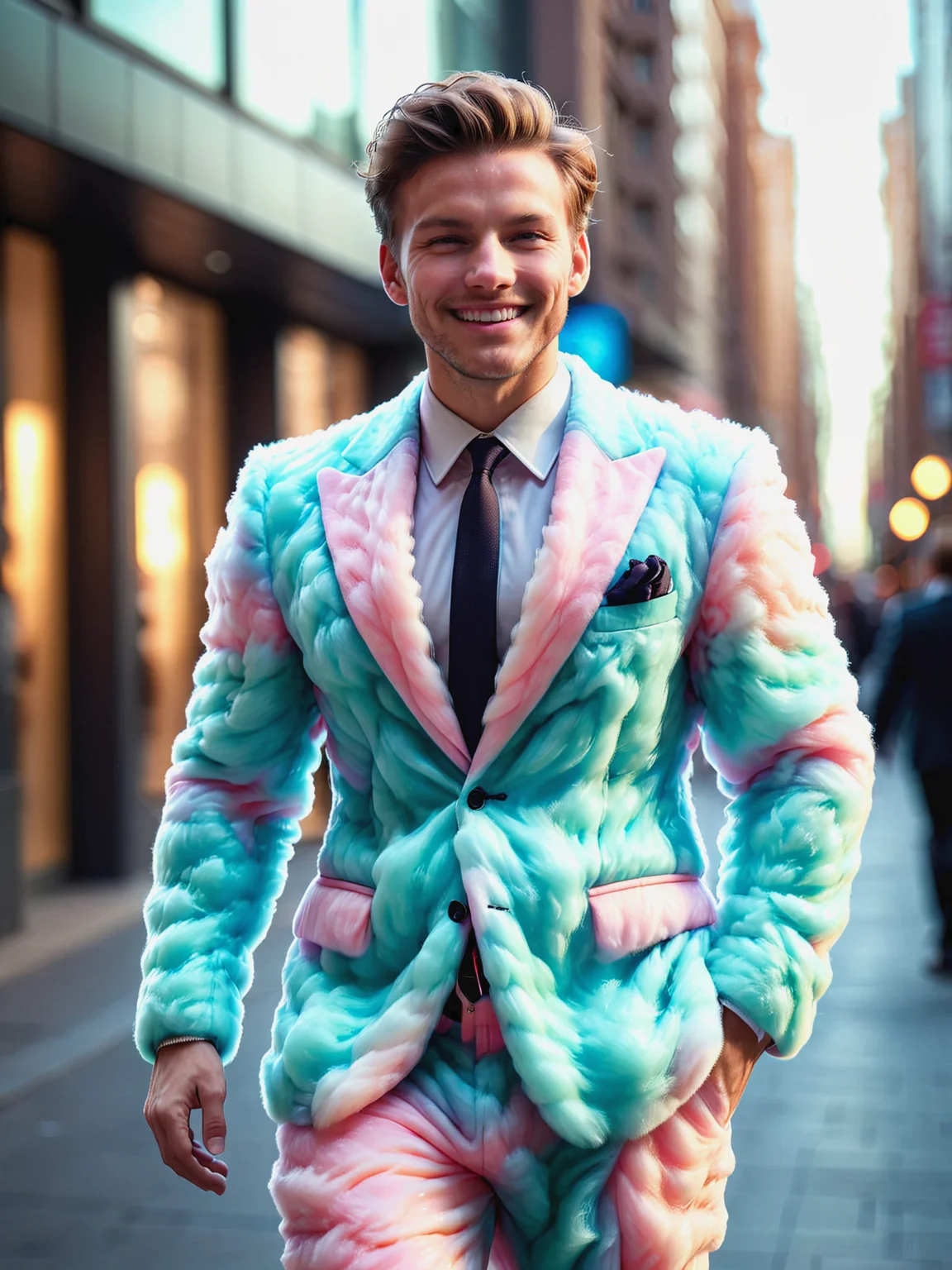 man wearing a mad-cttncndy suit walking through city, fluffy, light smile, dynamic pose, cinematic shot, great lighting <lora:Cotton_Candy_SDXL:1>, (masterpiece:1.2), best quality