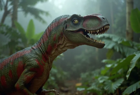 medium shot of a raptor dinosaur in a tropical forest. It has green skin with red markings, big yellow eyes and pointy teeth. Soft natural light, slight fog <lora:dinosaur_practical_fx-000025:1>