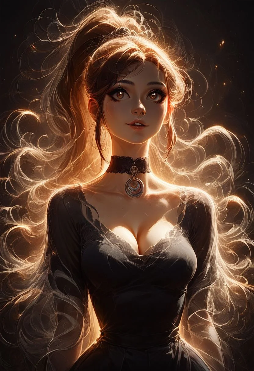 score_9, score_8_up, score_7_up, score_6_up, 1girl, sexy 30 year old, cute face, studio photo, brown eyes, brown hair, long hair, high ponytail, choker, goth dress, hourglass figure, wide hips, medium round breasts, cleavage, cinematic lighting, neon, white character outline, cute smile, parted lips, glossy eyes, hair made of mad-wsps