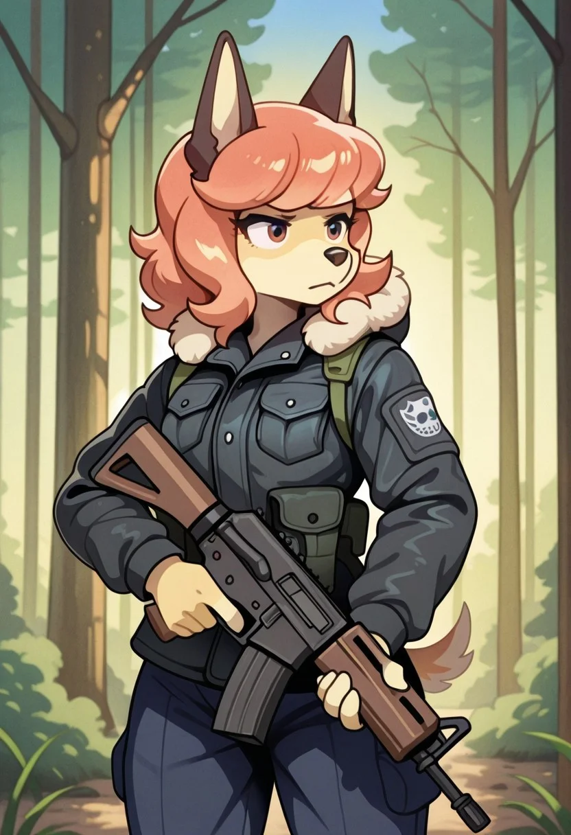 solo. furry,
flam_kish, kemono, furry female, animal ears, dog ears, dog tail,
black down jacket, fur hood,
forest background, morning,
assault rifle, holding assault rifle,
looking aside, neutral expression, focused, irritated,